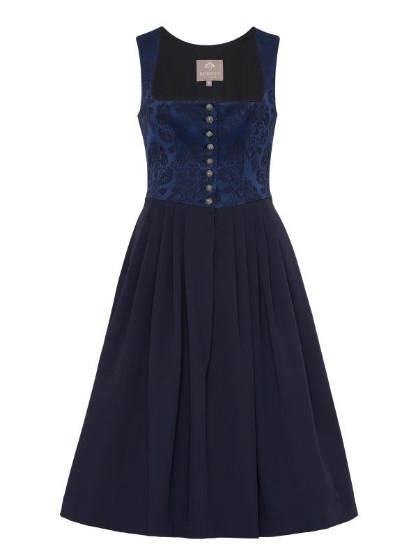 Berwin Long Dirndl "Ruby" navy with elegant jacquard bodice and flowing skirt, 70cm length.
